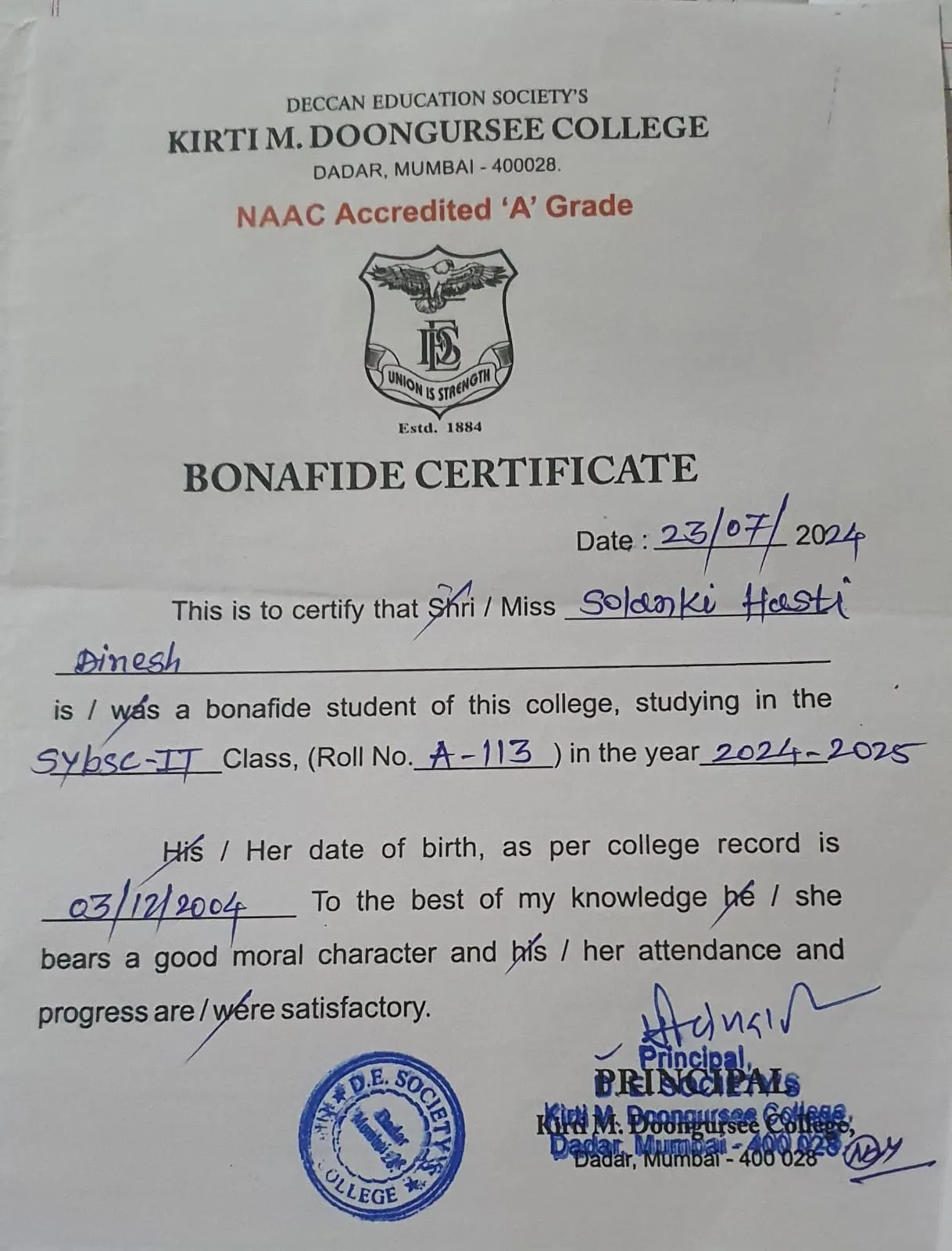 bonofied certificate of drashti
